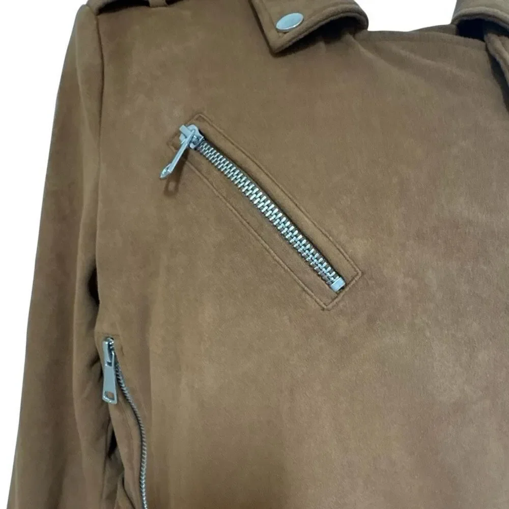 Ashley By 26 International Brown Faux Suede Moto Biker Jacket Medium Belted Crop
